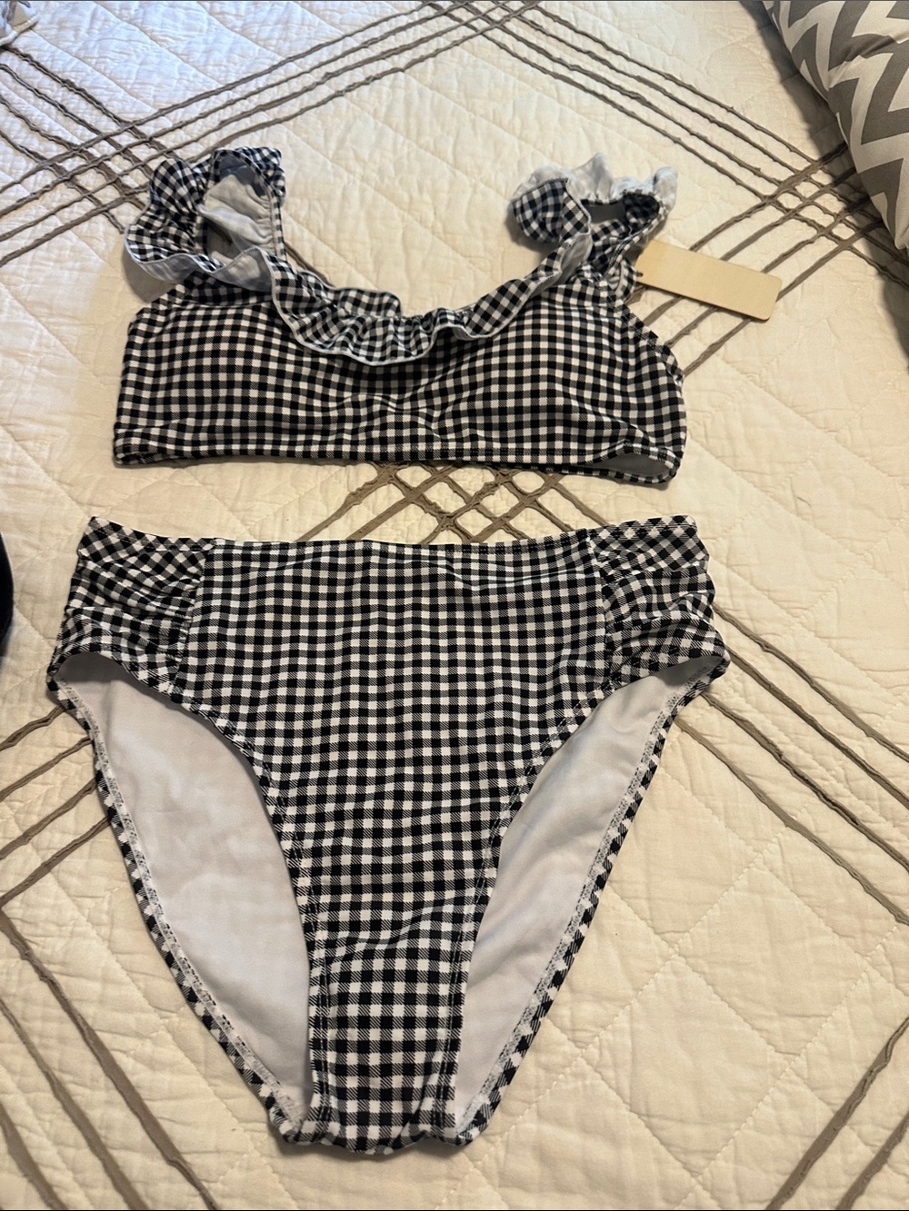 Gingham Ruffle-Trim Bikini Set — Black & White